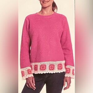 🆕 Joseph A. - Sweater with Crochet Granny Squares Trim - Faded Fushia - NWT